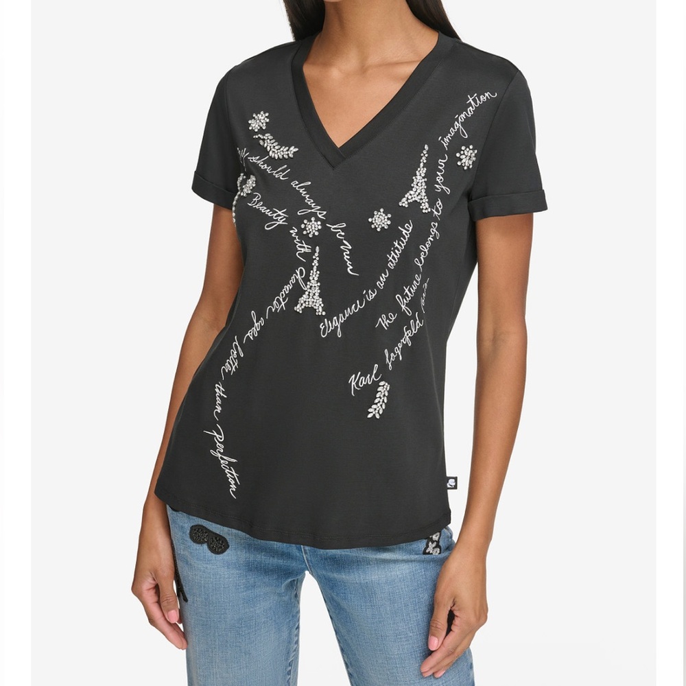 Karl Lagerfeld Paris Women's Embellished Quote V-Neck T-Shirt